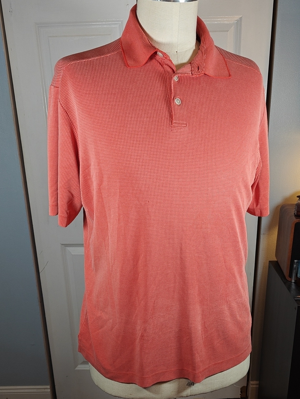 Tommy Bahama Men Coral Red Textured Modal Blend Polo Shirt Large